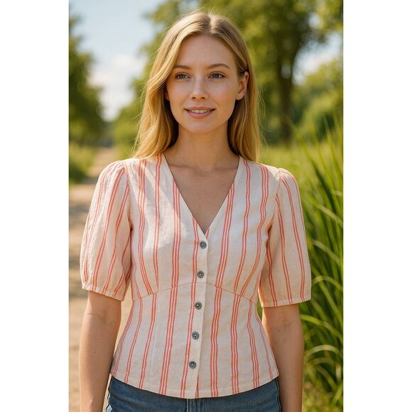 The Good Jane Striped Button Front Peplum Top Puff Sleeve NWOT Size Small (Measu - Picture 1 of 9